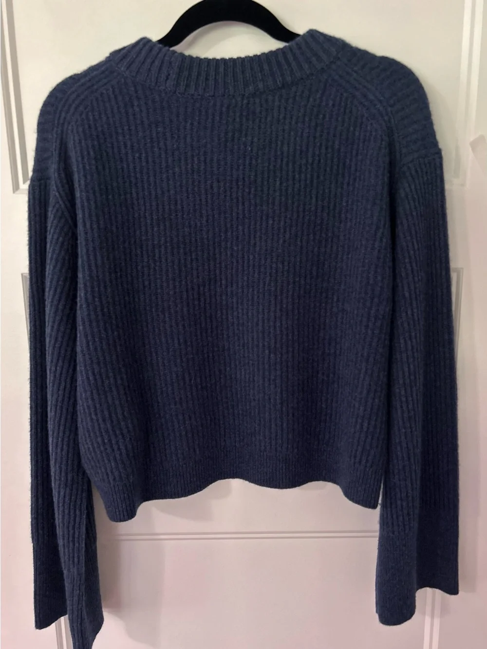 J.Crew 100% Cashmere Rib Knit Cropped Sweater Blue Bell Sleeve M Boxy Cozy Soft